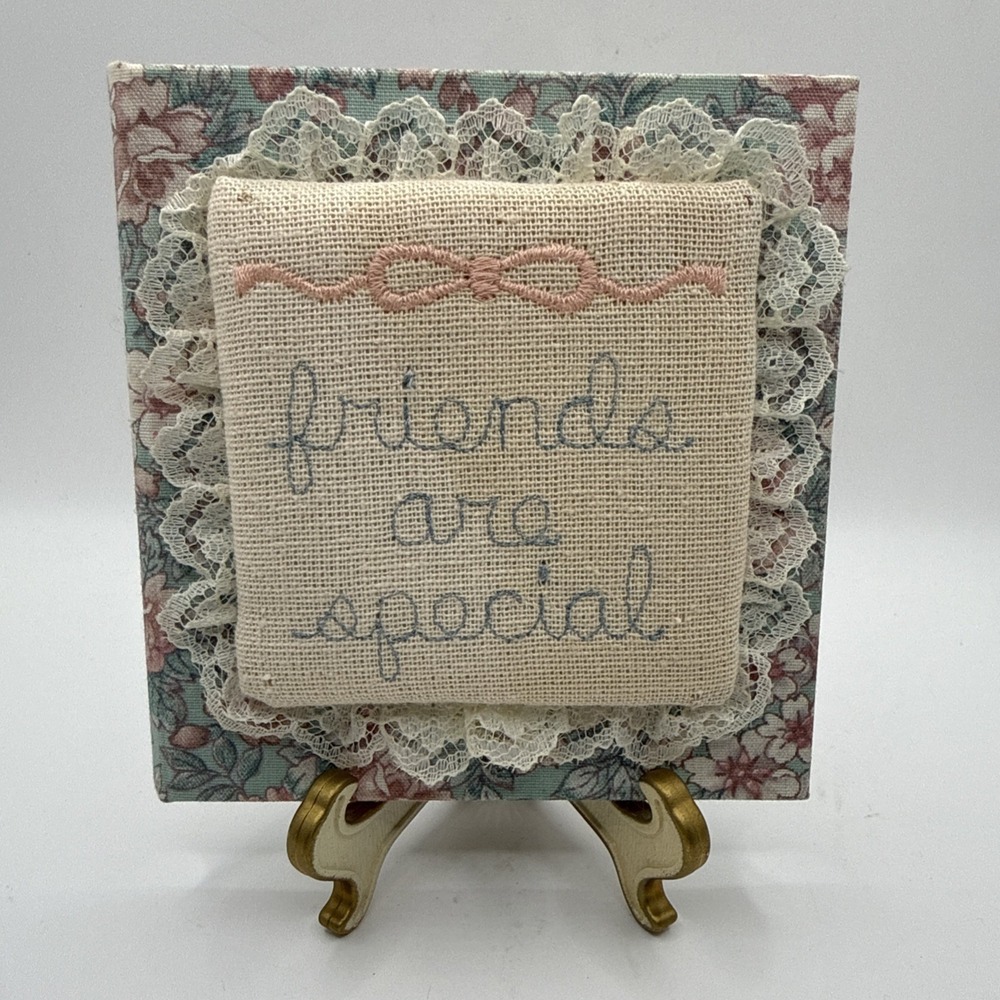Vintage Handmade Fabric Covered Picture Frame Book Cottage "Friends Are Special"